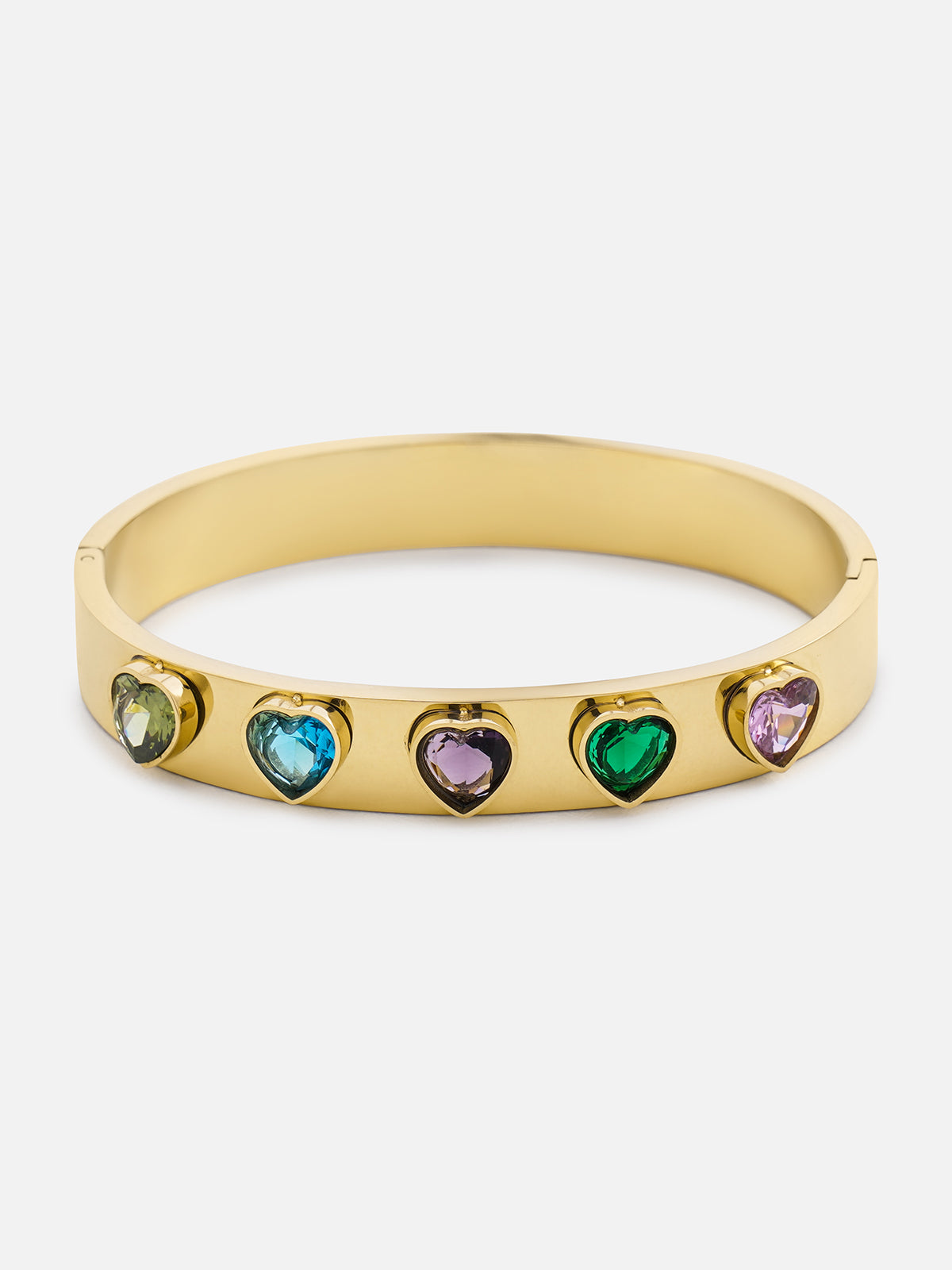 Brazalete de acero inoxidable con diamantes de colores y corazones de amor.